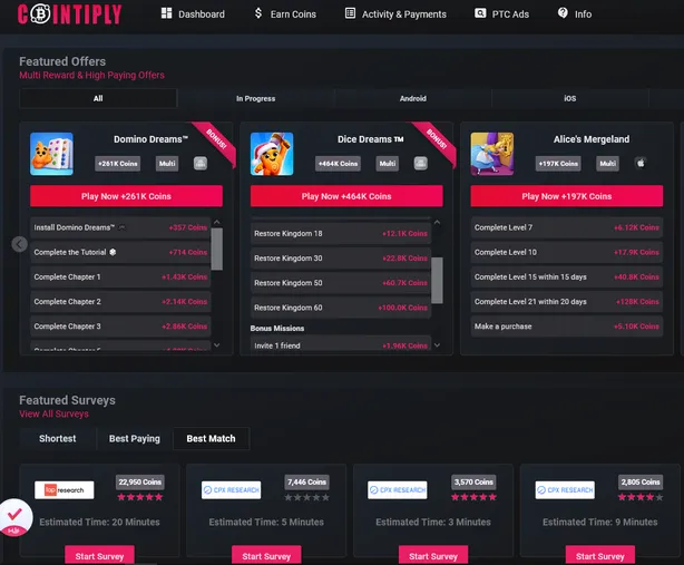 Screenshot of Cointiply games and surveys