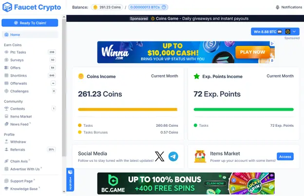 Screenshot of the Faucet Crypto dashboard
